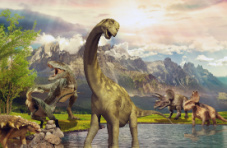 A 3D illustration of dinosaurs by a lake with trees backed by a mountain