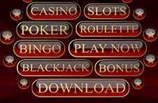 An illustration of buttons displaying game categories and 'play now’ and ‘download’ in gold text on a dark reddish background