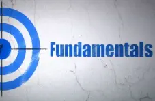 An illustration of a blue target with arrows in the centre beside fundamentals on a grey wall background