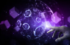 A virtual reality and ‘the internet of things’ illustrated concept with a man touching a \purple orb against a dark background