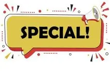 An illustration of a megaphone with a yellow speech bubble saying "Special!" and colourful shapes on a white background