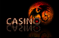 An illustration of a dragon against a round abstract red shape with the text casino and a poker chip on a dark background