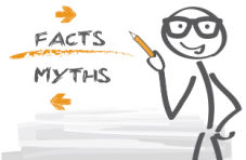 An illustration of a stick man with glasses pointing a pencil at ‘Facts’ over ‘Myths’ in black text on a white background 