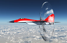 An illustration of a red supersonic aircraft flying above clouds creating a sonic boom as it breaks the speed of sound barrier
