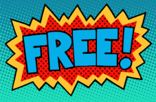 A comic book style retro colourful pop art banner with the word ‘FREE!’