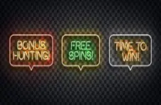 A vector image of 3 neon light speech bubbles with Bonus Hunting, Free Spins and Time To Win isolated on a chequered background