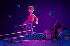 An illustration in hues of blue and purple of an avatar on a hoverboard wearing a VR headset in a digital open world game 