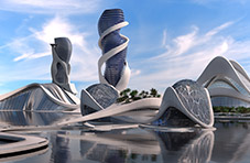 A concept 3D illustration of futuristic buildings and skyscrapers in a waterfront location