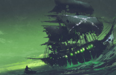 In image with a green hue of a ghost ship sailing the seas