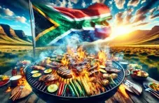 An AI generated image of  braai, backed by the South African flag and a typical ZA landscape