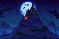 An illustration of a dark castle on a hilltop with bats and a full moon on a dark blue night sky background