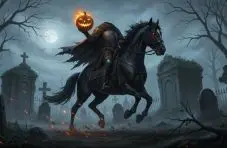 An Ai-generated image of a headless horseman holding a flaming jack-o-lantern riding through a graveyard