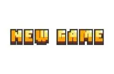 An illustration of retro pixel art "New Game" text in orange and yellow on a white background