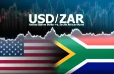 An illustration of USD/ZAR with US and South African flags and a rising line chart on a blue financial background