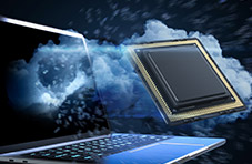3D illustration of a computer with a floating computer chip surrounded by clouds on a dark background