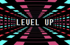 A retro style design of the words ‘level up’ in a black 3D tunnel with pink, light blue and red shapes