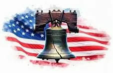 An AI-generated image of the Liberty Bell backed by the American flag on a white background 