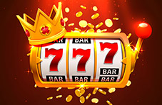 An illustration of a 3 reel slot machine with three lucky 7s, a gold crown and gold coins on each side on a dark red background