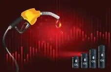 An illustration of a fuel pump dripping petrol beside rising oil barrels and red graph bars on a dark red background
