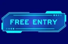 An illustration of a glowing cyan sci-fi HUD banner reading "FREE ENTRY" on a dark blue background
