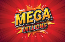 A pop art illustration of the words Mega Millions in shades or yellow and orange on a red background with abstract lines