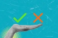 A collage of a black and white hand holding a green checkmark and orange cross on a teal textured background