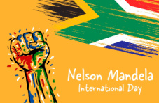 A hand-drawn Nelson Mandela Day banner with the South African flag on a yellow background