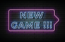 An image of the words ‘new game’ in blue neon light in a pink neon speech bubble on a dark bricked background