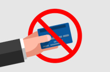 An animated image of a male hand holding a credit card with a red stop circle around his hand and credit card on a white backgro