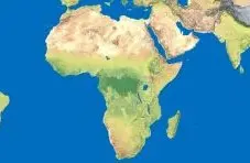 A satellite-style illustration of Africa and surrounding continents and oceans viewed from above on a blue background
