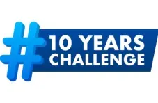 An illustration of a blue hashtag 10 years challenge banner, isolated on a white background 