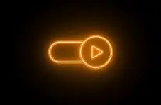 An illustration of a glowing orange neon toggle switch in on position, a play symbol inside the circular knob, isolated on black