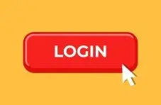 An illustration of a glossy red "LOGIN" button with a white cursor arrow, set against a plain yellow background