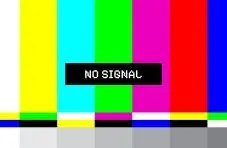 An illustration of a retro TV colour bar test pattern with a "No Signal" message on a multicoloured background