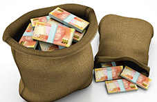 two burlap bags of money full of 200 rand notes