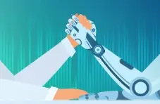 A 2D cartoon illustration of a human and a robot arm in an arm wrestling match against a blue coded background