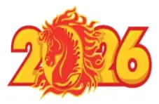 An illustration of a 2026 Year of the Horse logo with a red fiery horse framed by flames in red and orange, isolated on a white 