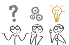 A vector image of 3 matching stylished human figures with a giant question mark, interlocking cogs and a yellow light bulb above