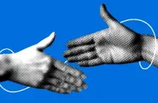 An illustration of two halftone hands reaching to shake in trust on a bright blue abstract background