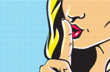 A pop art retro style image of a woman making a ‘shhh’ gesture on a blue background