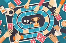 A 2D illustration of people’s hands around a board game, with cards, tokens and dice on a blue table