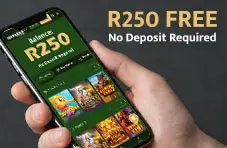 phone screen displaying a casino lobby with the R250 balance visible in the cashier/wallet area