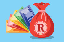 An illustration of a red money bag with an R for South African Rand on, with a 10, 20, 50, 100 and 200 note on a blue background
