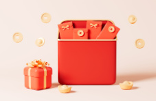 A 3D illustration of red envelopes, gift boxes and coins on a light yellow background