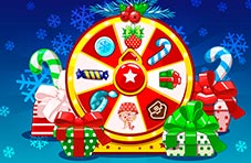 An illustration of a red and gold festive season prize wheel with mistletoe, gift boxes and candy canes on a blue background 