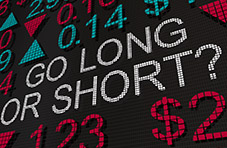 An illustration of a digital stock market index with figures and icons in red and green and the words Go Long or Short in white