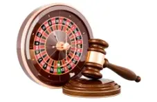 A 3D illustration of a wooden roulette wheel and gavel isolated on a white background 