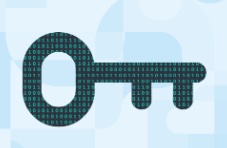 An illustration of a key and lock in binary code on a white and blue background 