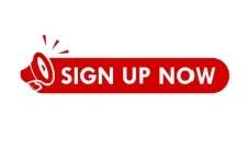 An illustration of a red sign up now banner with a loudspeaker, isolated on a white background