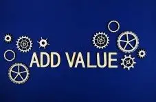 An illustration of the words “ADD VALUE” in bold lettering surrounded by interlocking gear icons on a deep blue background